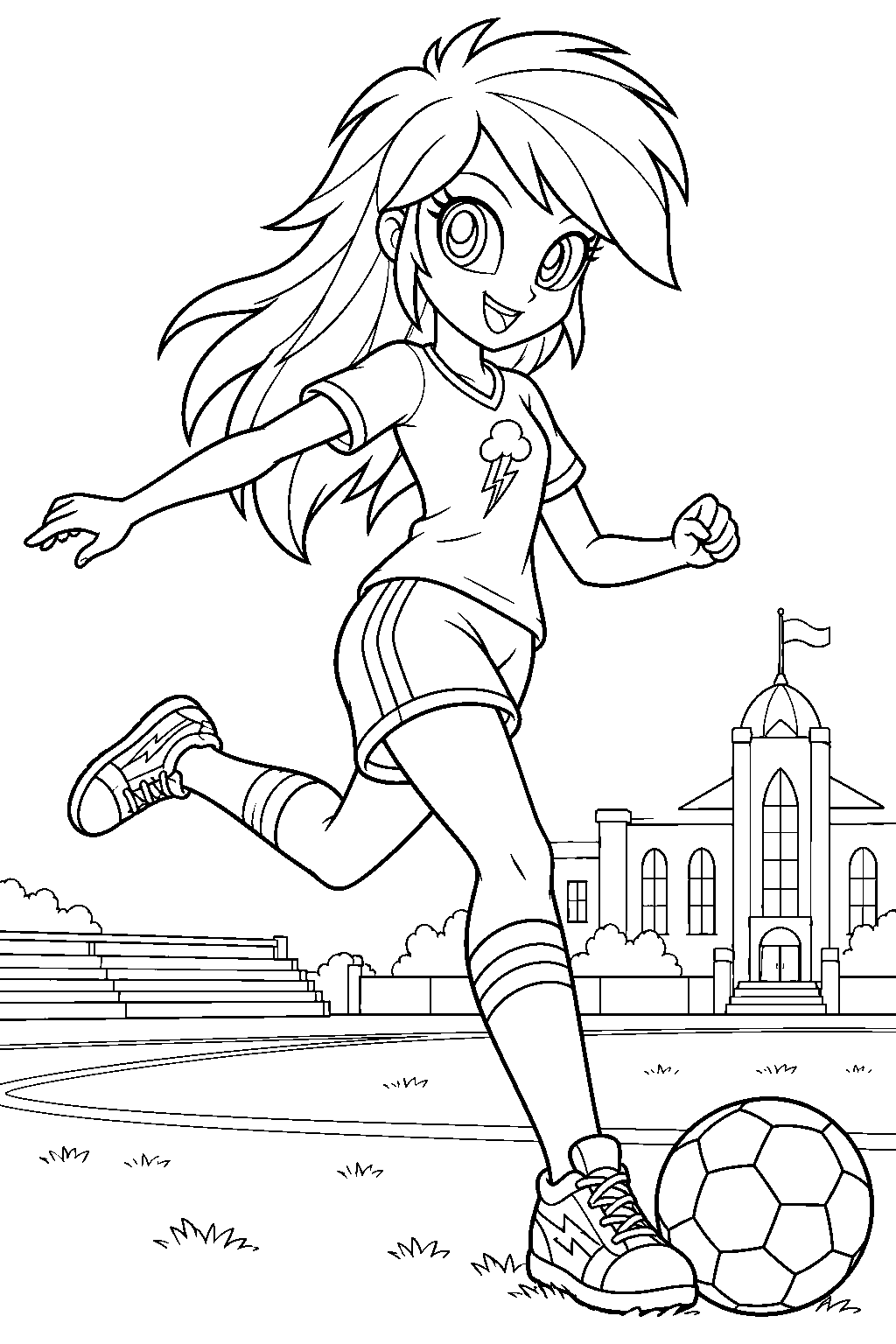 my little pony equestria girls rainbow dash playing soccer on the canterlot high field line art