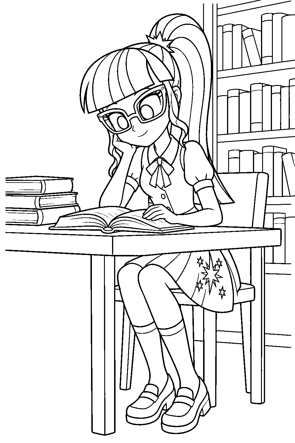 my little pony equestria girls twilight sparkle wearing glasses and studying in the canterlot high library line art
