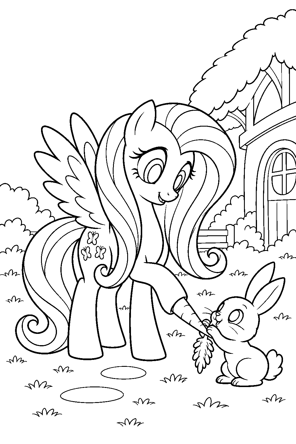 my little pony fluttershy feeding a carrot to angel bunny beside her cottage line art