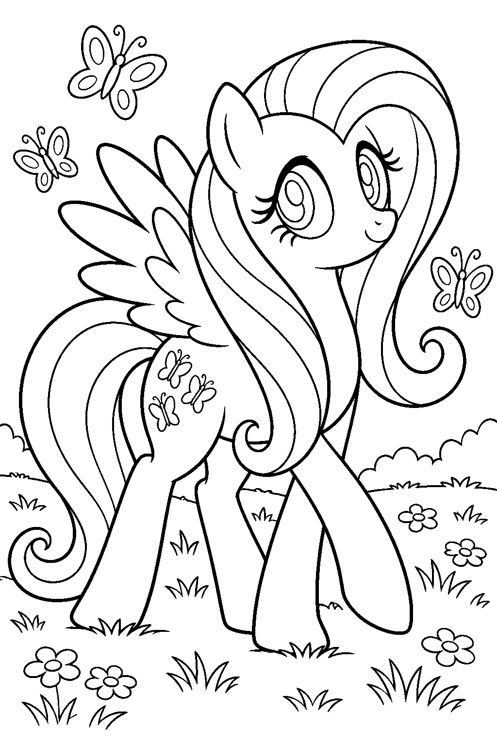 my little pony fluttershy walking through a meadow of butterflies line art