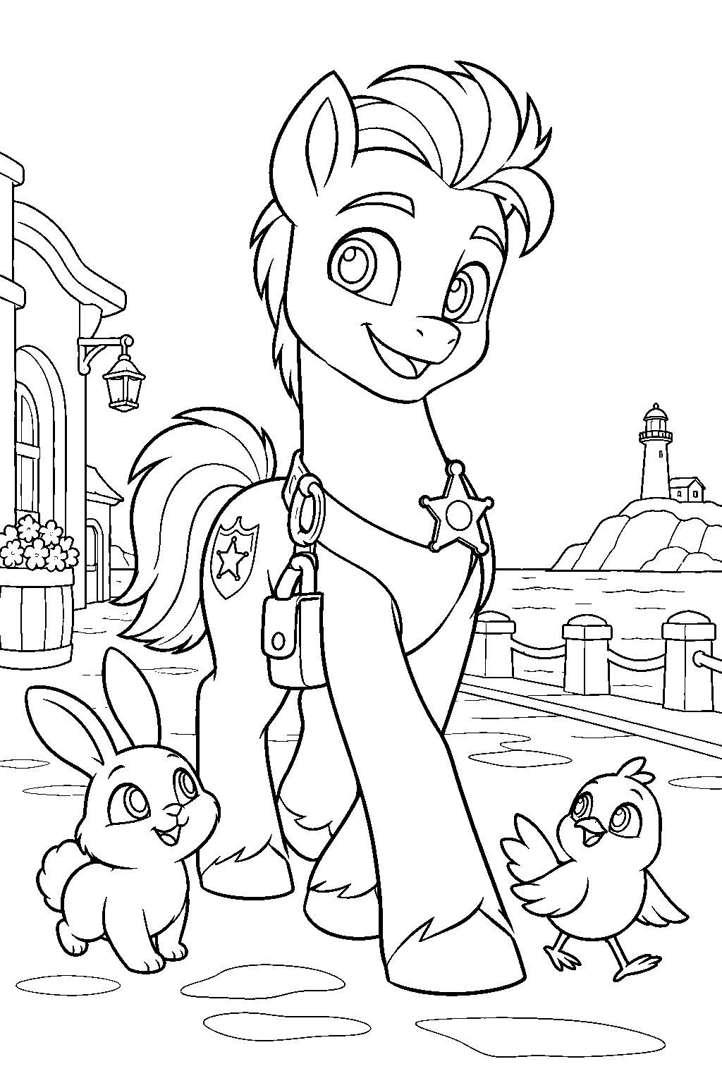 my little pony hitch trailblazer patrolling maretime bay with his animal friends line art