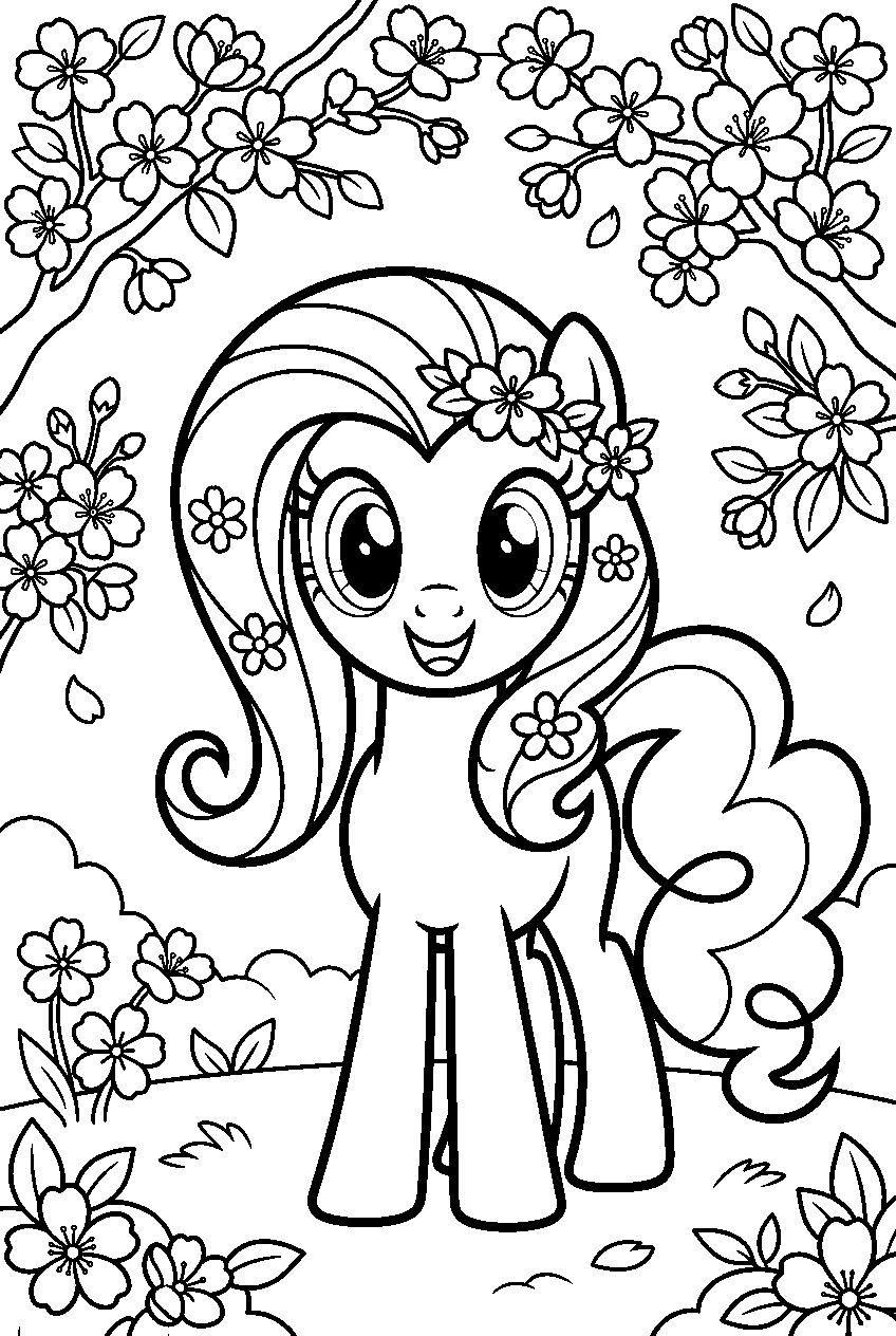my little pony in cherry blossom garden line art