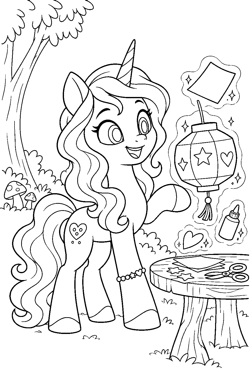 my little pony izzy moonbow crafting a paper lantern in bridlewood forest line art