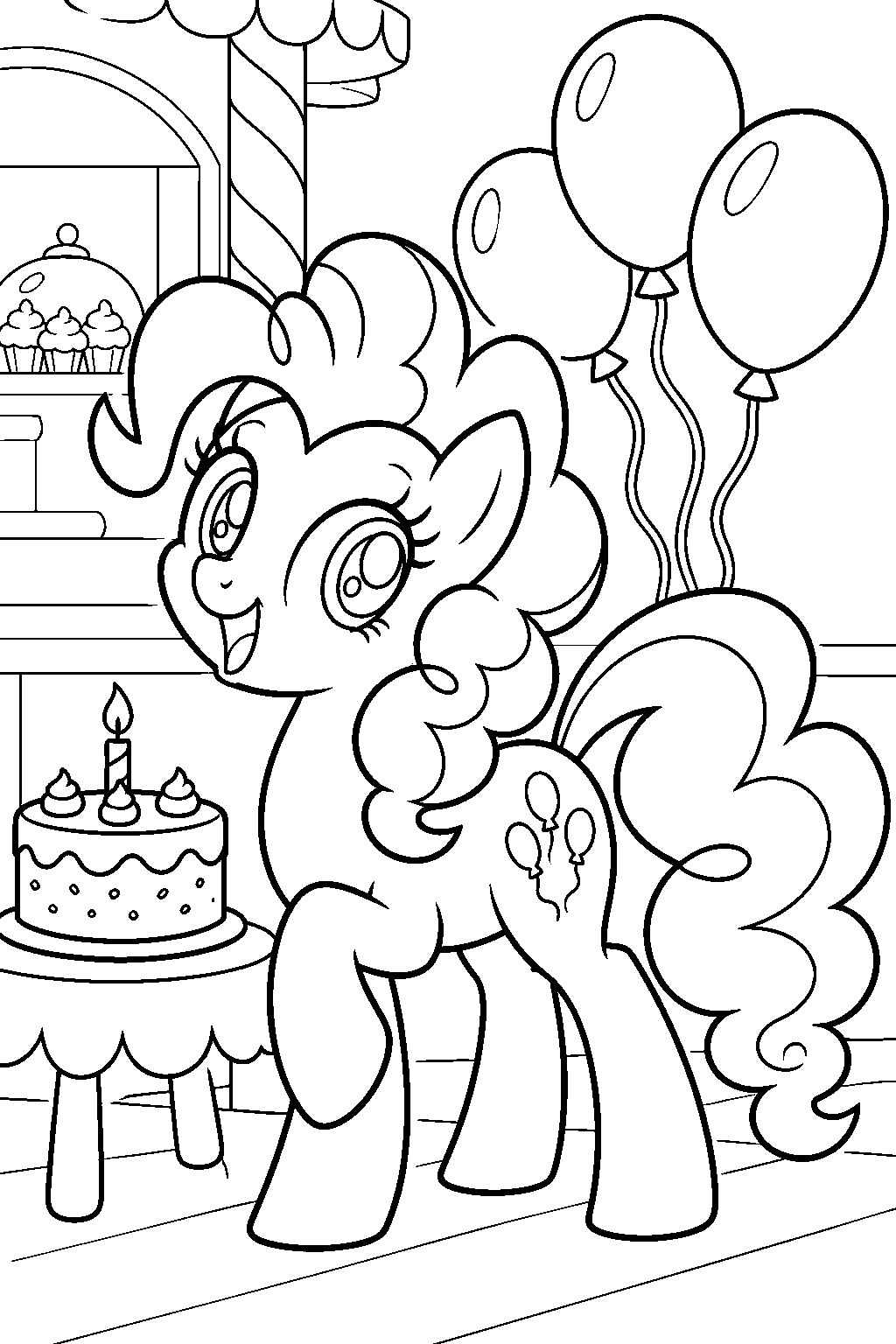 my little pony pinkie pie beside a birthday cake and balloons at sugarcube corner line art