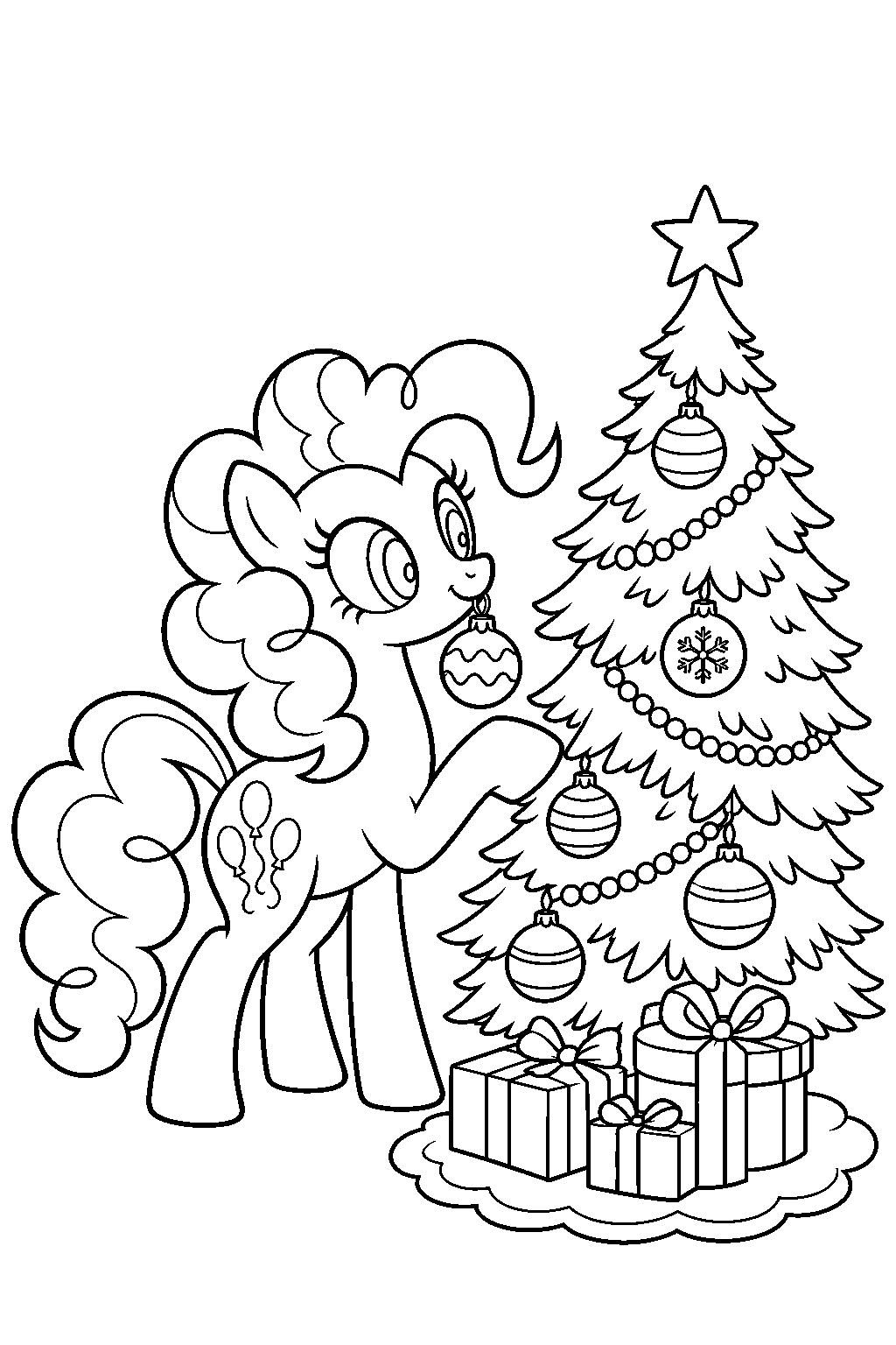 my little pony pinkie pie decorating a christmas tree at sugarcube corner line art