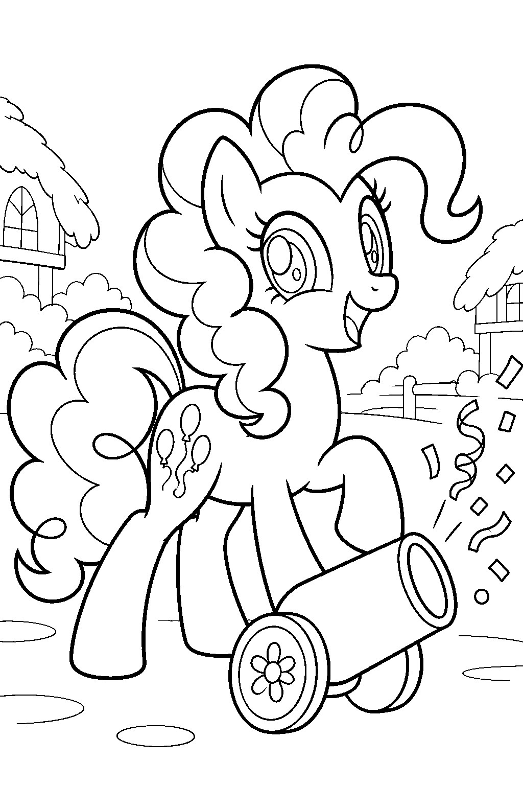 my little pony pinkie pie launching confetti from her party cannon in ponyville line art