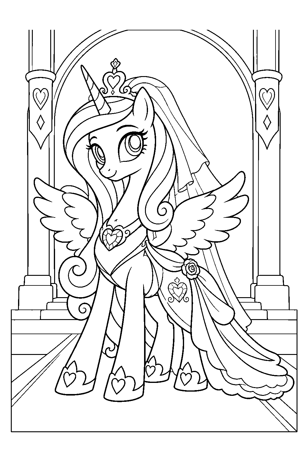 my little pony princess cadance wearing her wedding dress and veil in canterlot castle line art