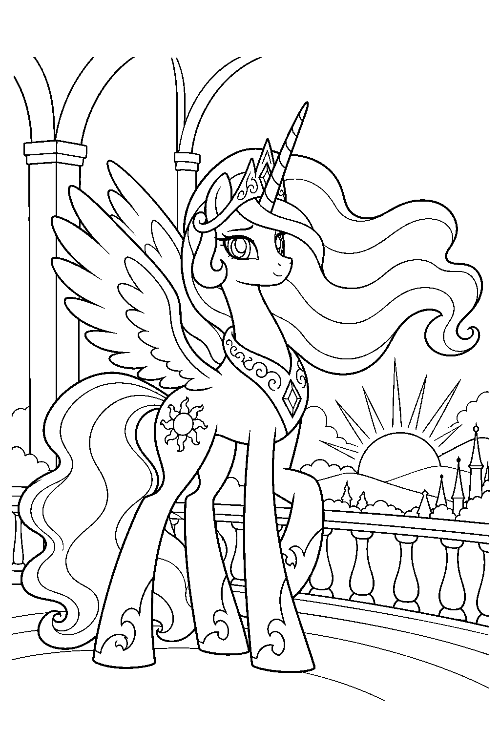 my little pony princess celestia raising the sun from a canterlot castle balcony line art
