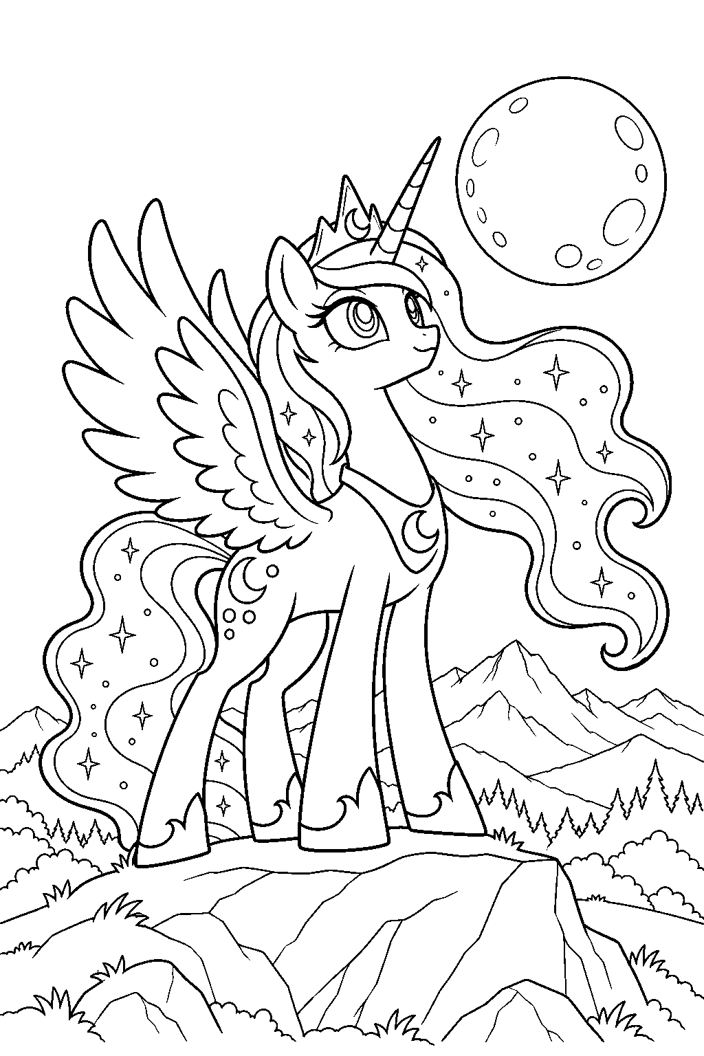 my little pony princess luna raising the moon above the mountains of equestria line art