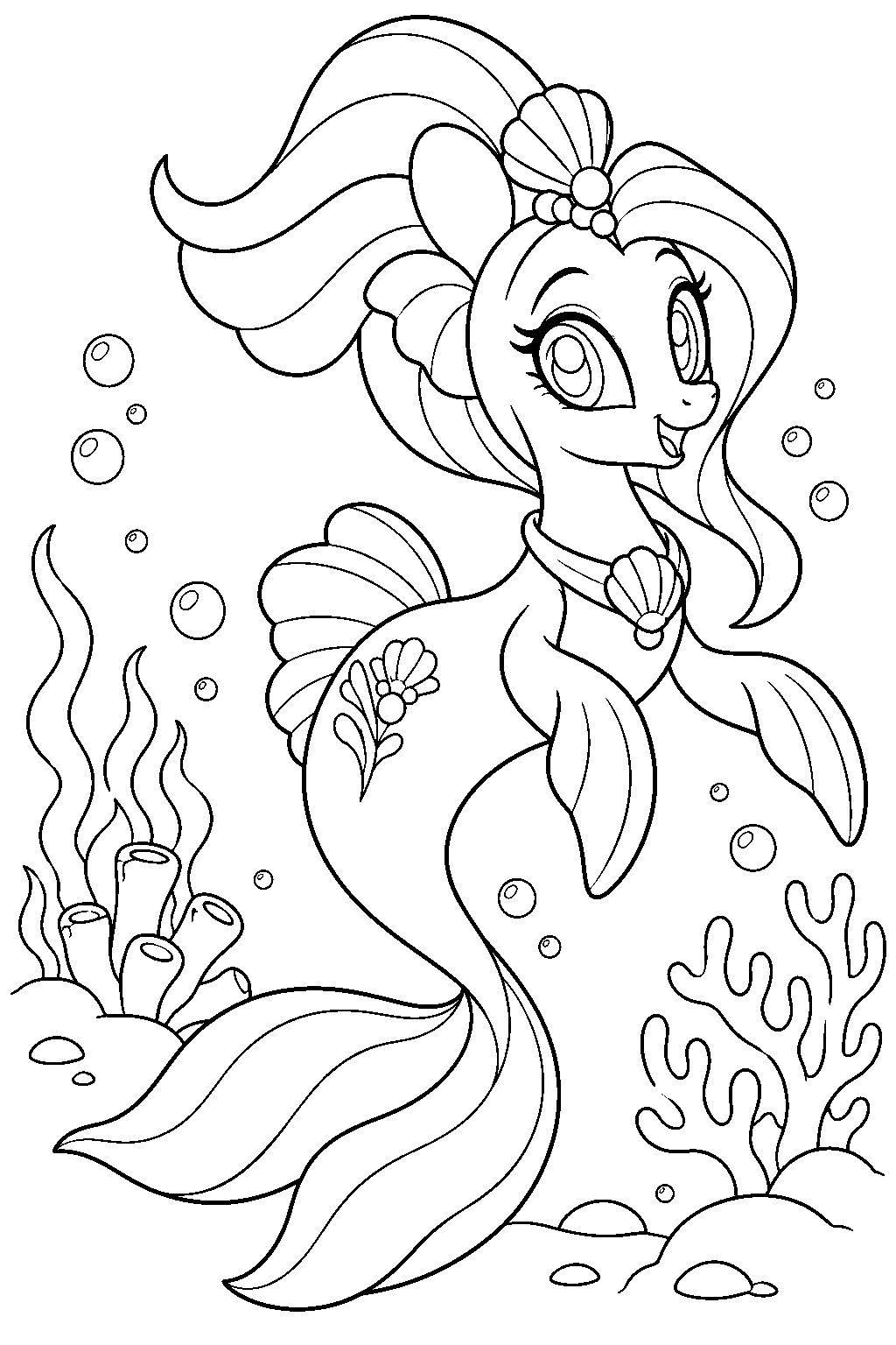 my little pony princess skystar as a seapony swimming among the coral of seaquestria line art