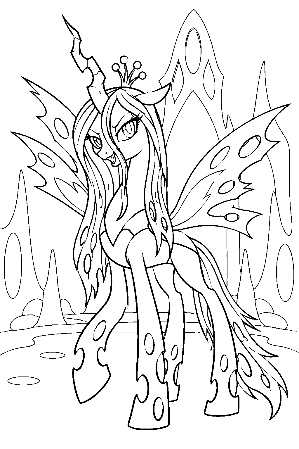 my little pony queen chrysalis spreading her insect wings at the changeling hive line art