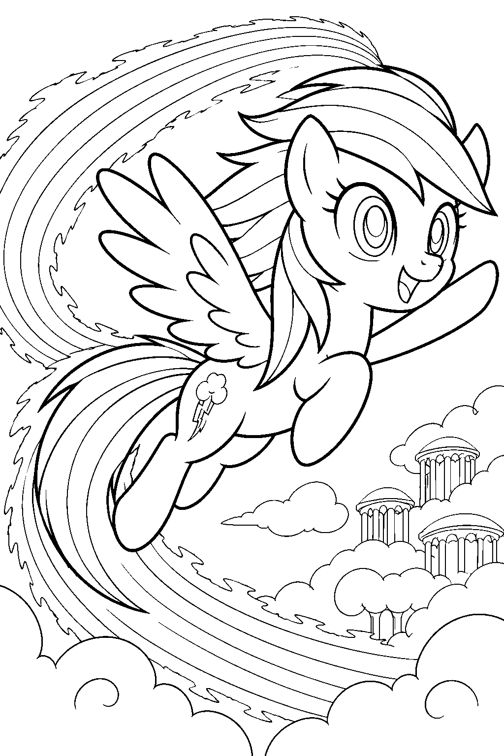 my little pony rainbow dash creating a sonic rainboom above cloudsdale line art