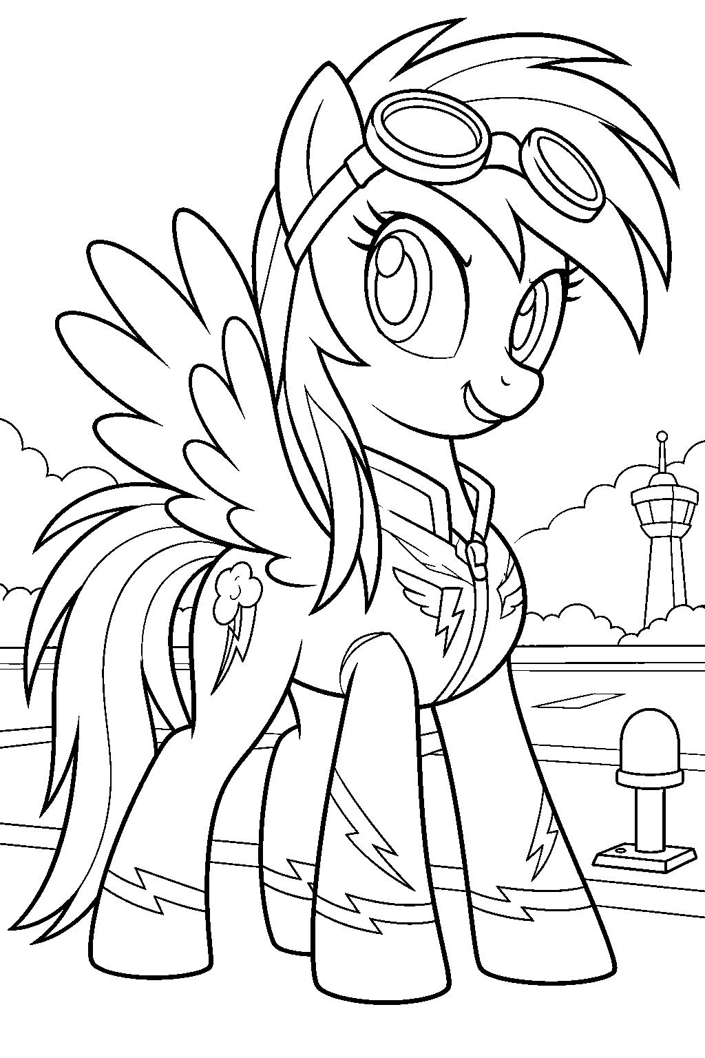my little pony rainbow dash wearing her wonderbolts uniform beside the flight academy runway line art