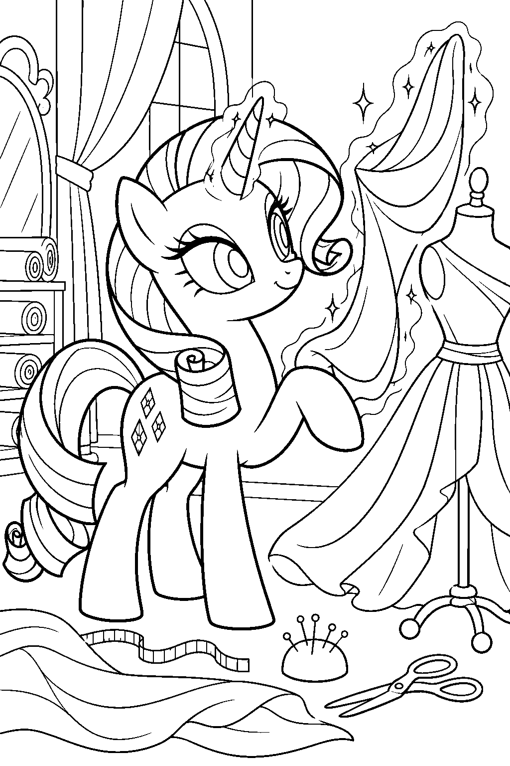 my little pony rarity designing a dress in the carousel boutique line art