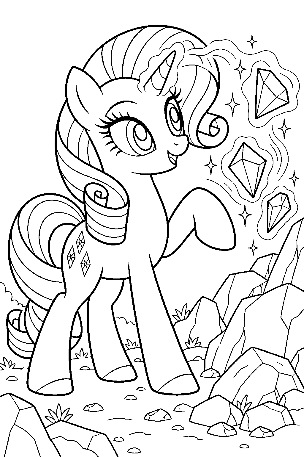 my little pony rarity using unicorn magic to find gemstones in a rocky hillside line art