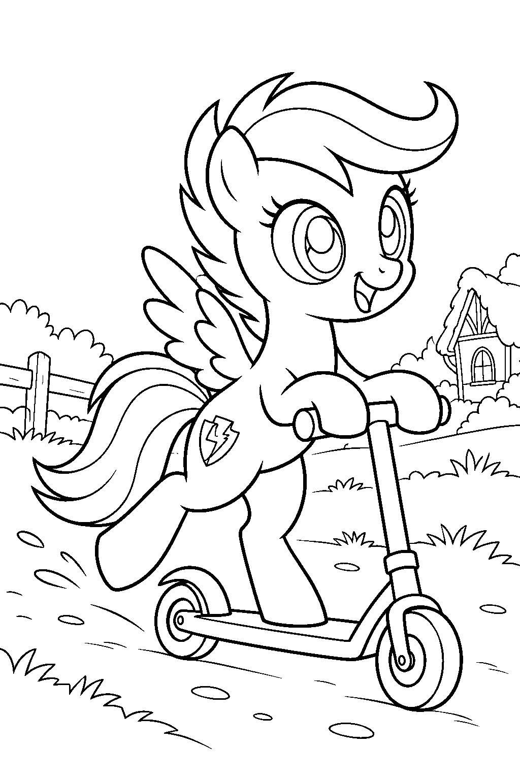 my little pony scootaloo riding her scooter along a ponyville path line art
