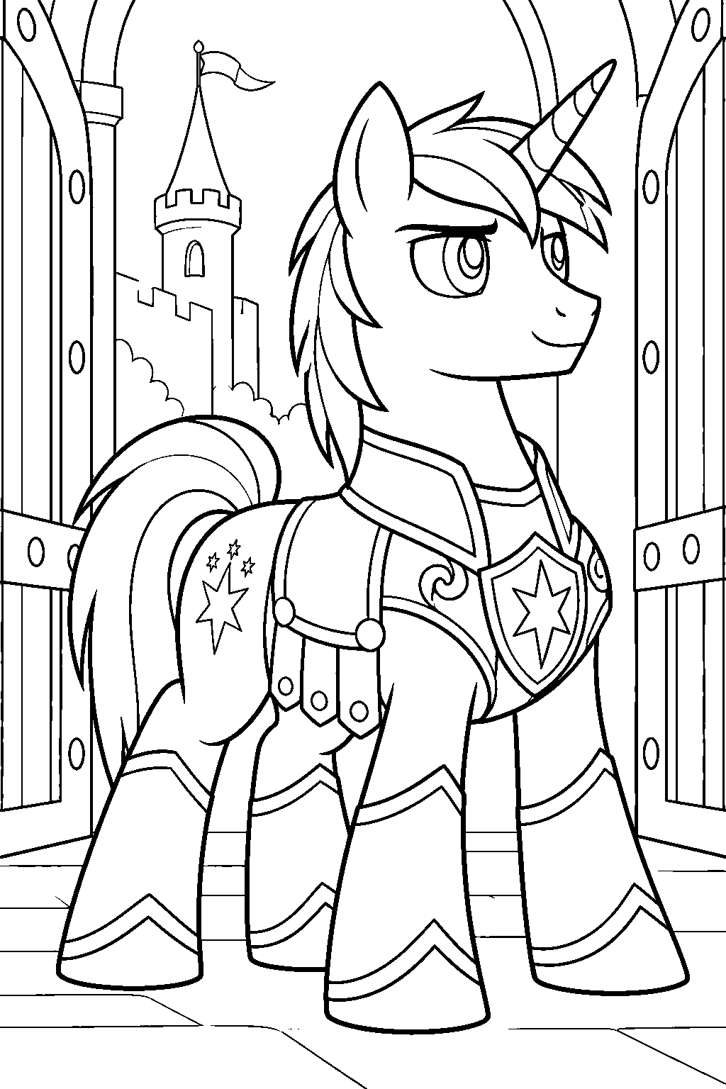 my little pony shining armor wearing royal guard armor at the castle gates line art