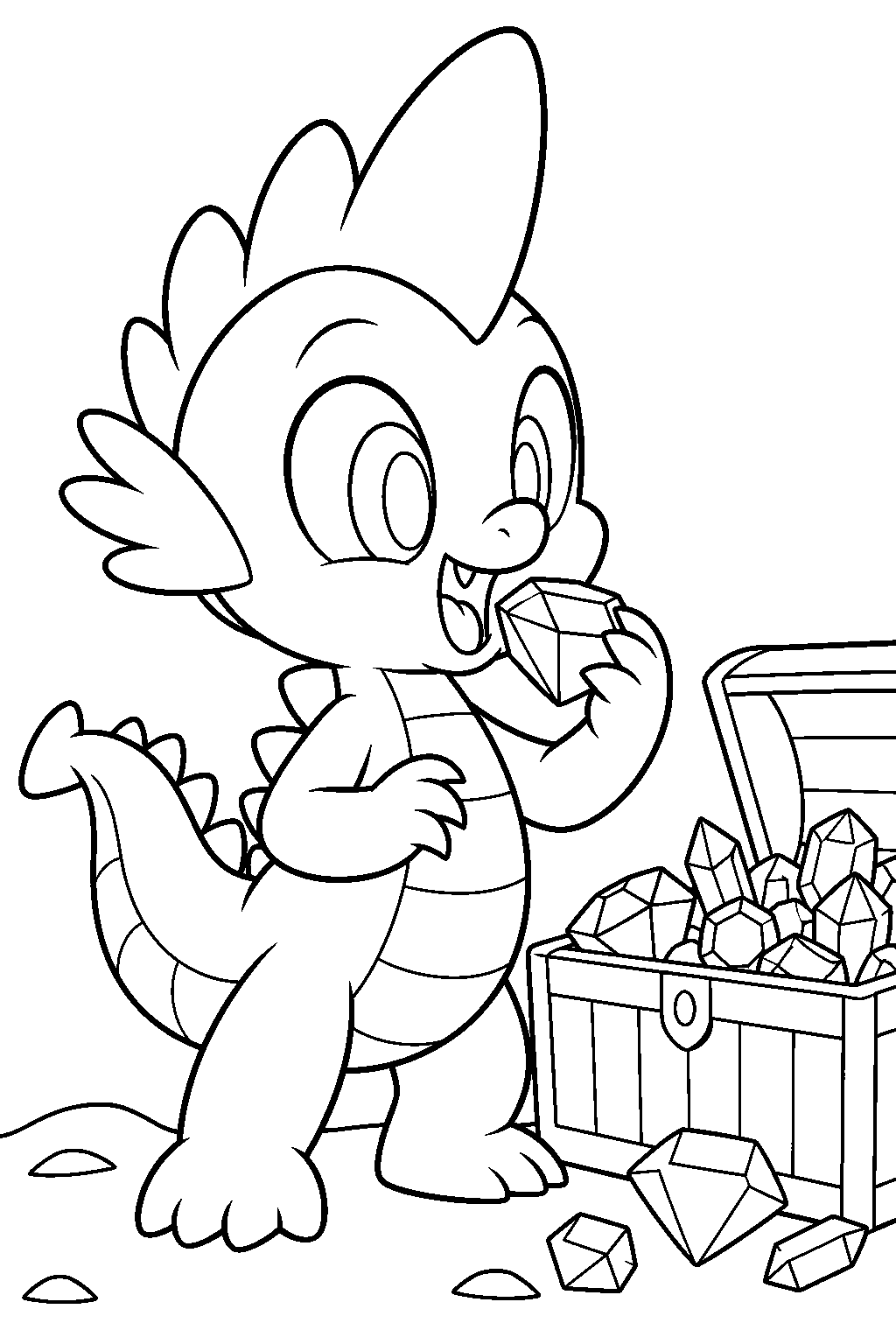 my little pony spike eating gemstones beside a treasure chest line art