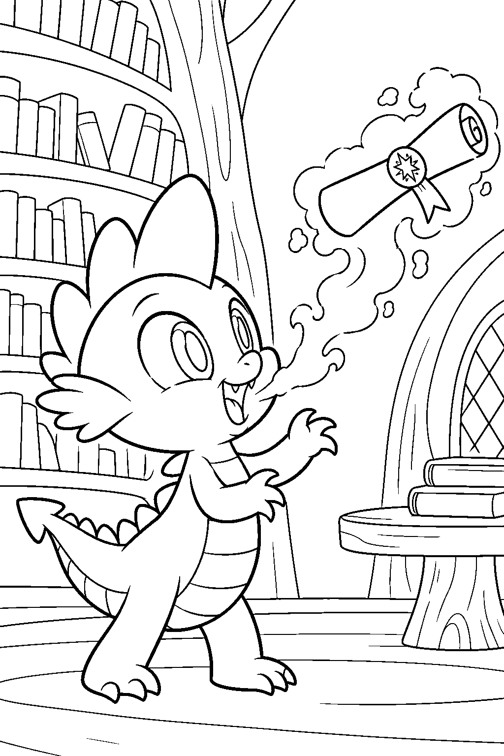 my little pony spike sending a friendship letter with his dragon breath in the library line art
