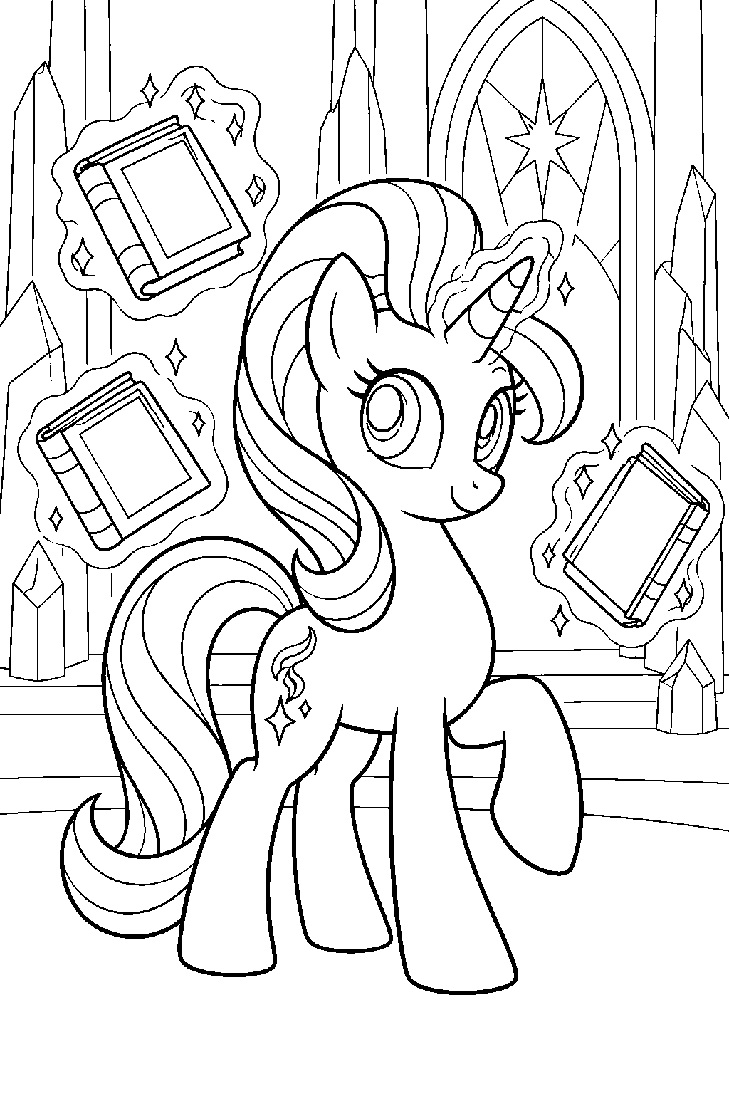 my little pony starlight glimmer levitating books with unicorn magic in the castle of friendship line art