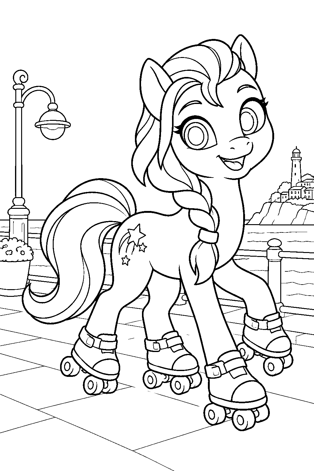 my little pony sunny starscout roller skating along the maretime bay promenade line art