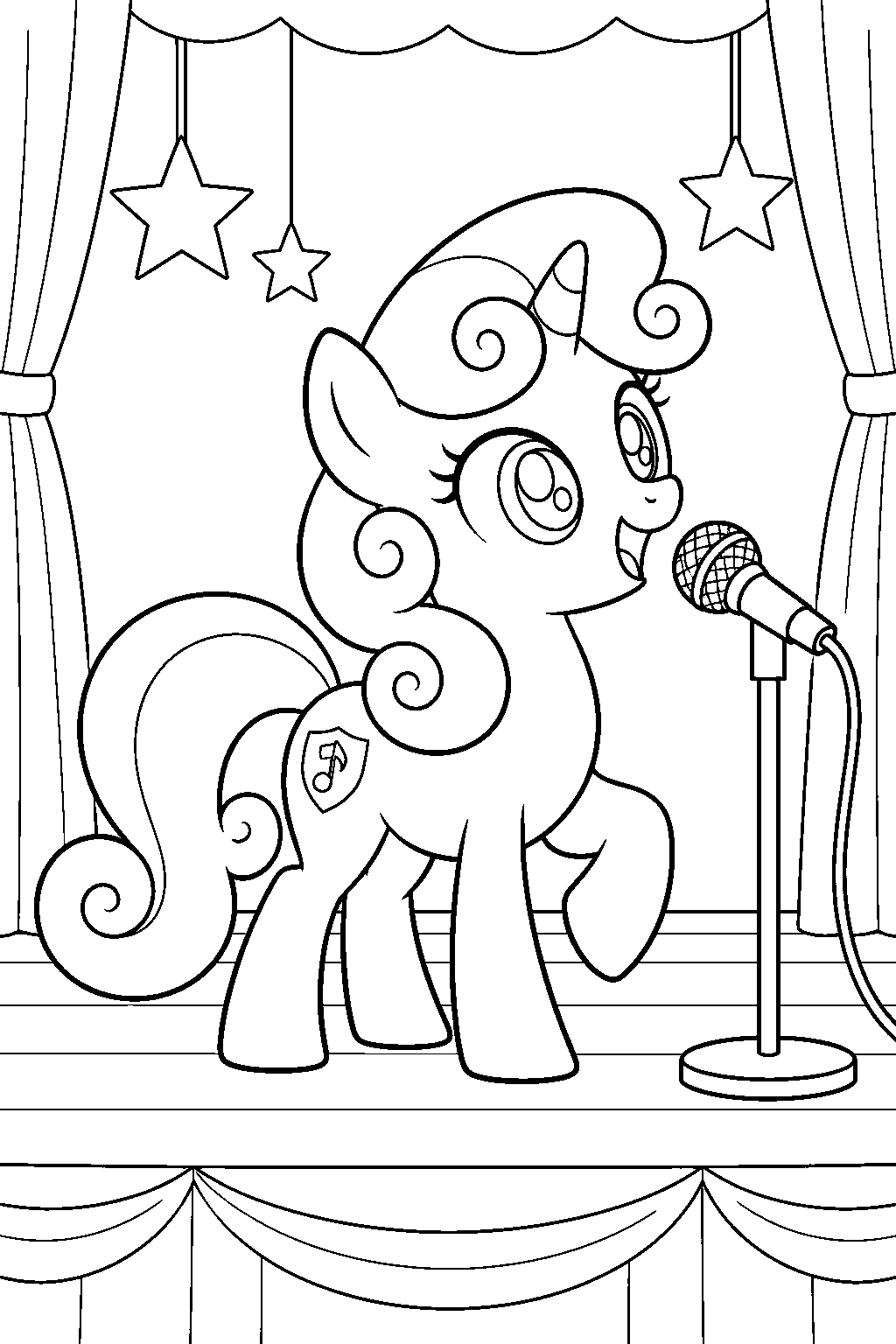 my little pony sweetie belle singing on the school talent show stage line art