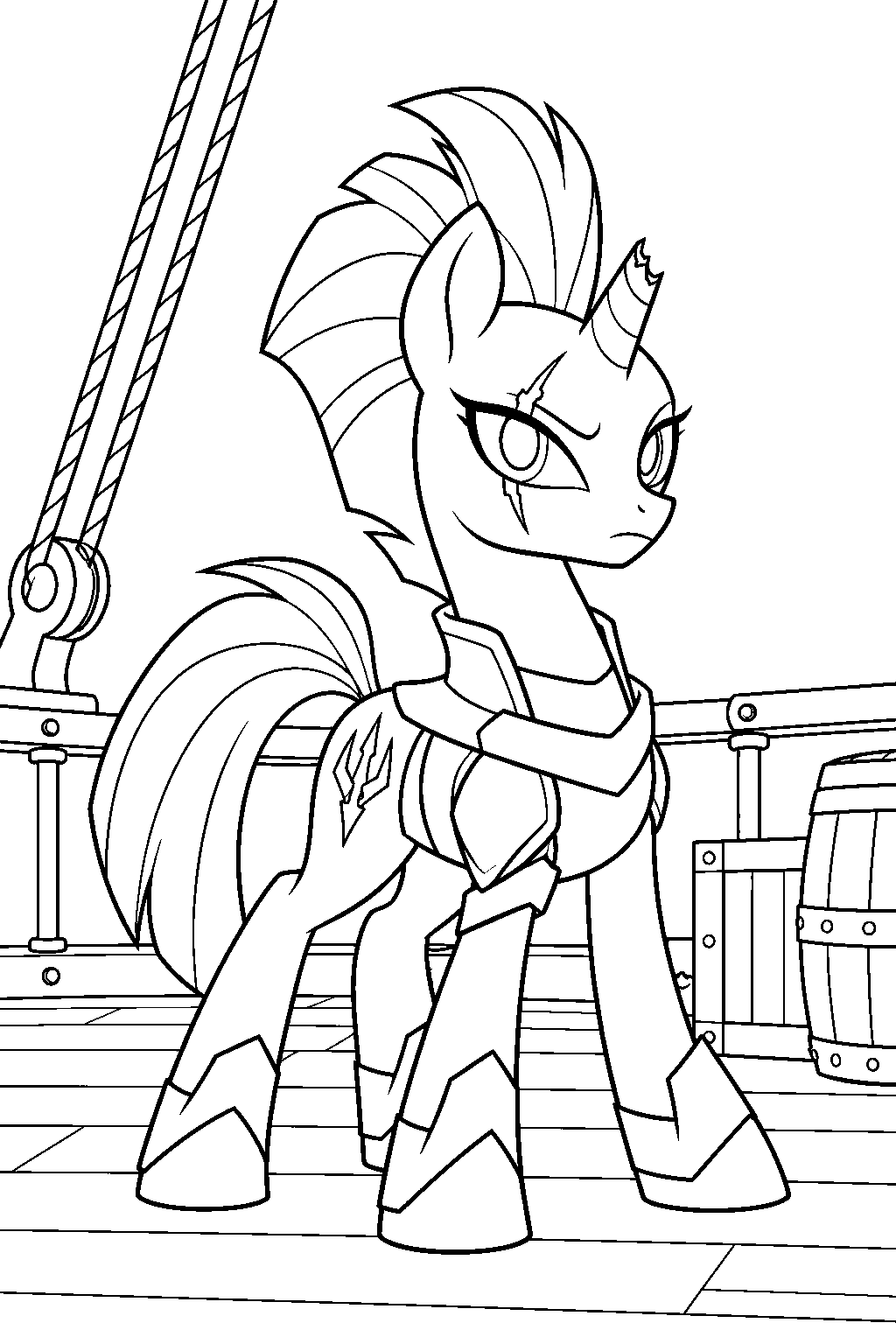 my little pony tempest shadow with her broken horn on an airship deck line art