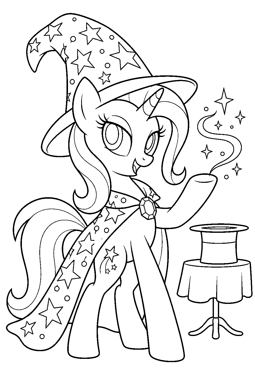 my little pony trixie performing a magic show in her star covered hat and cape line art