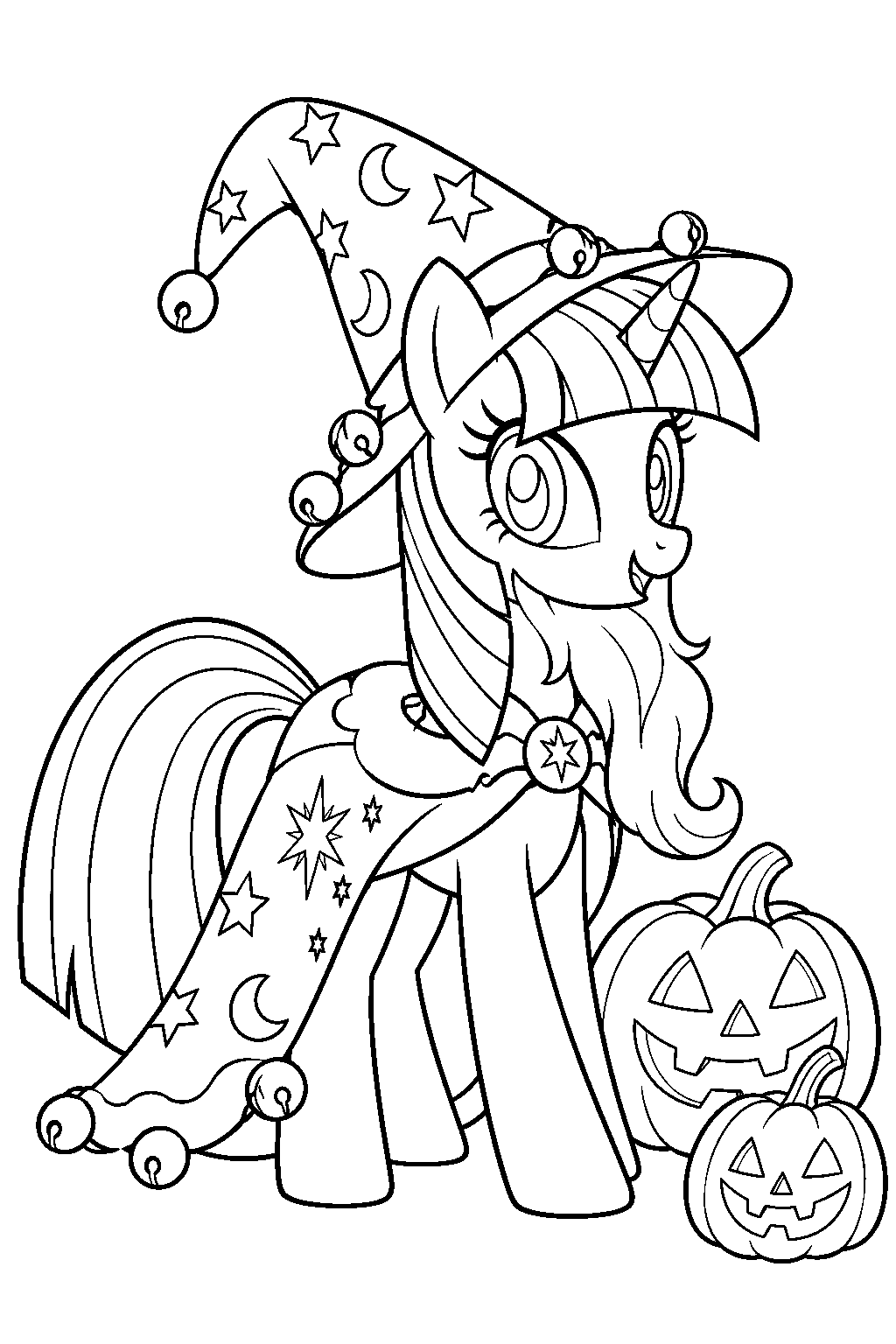my little pony twilight sparkle wearing her star swirl costume beside halloween pumpkins line art