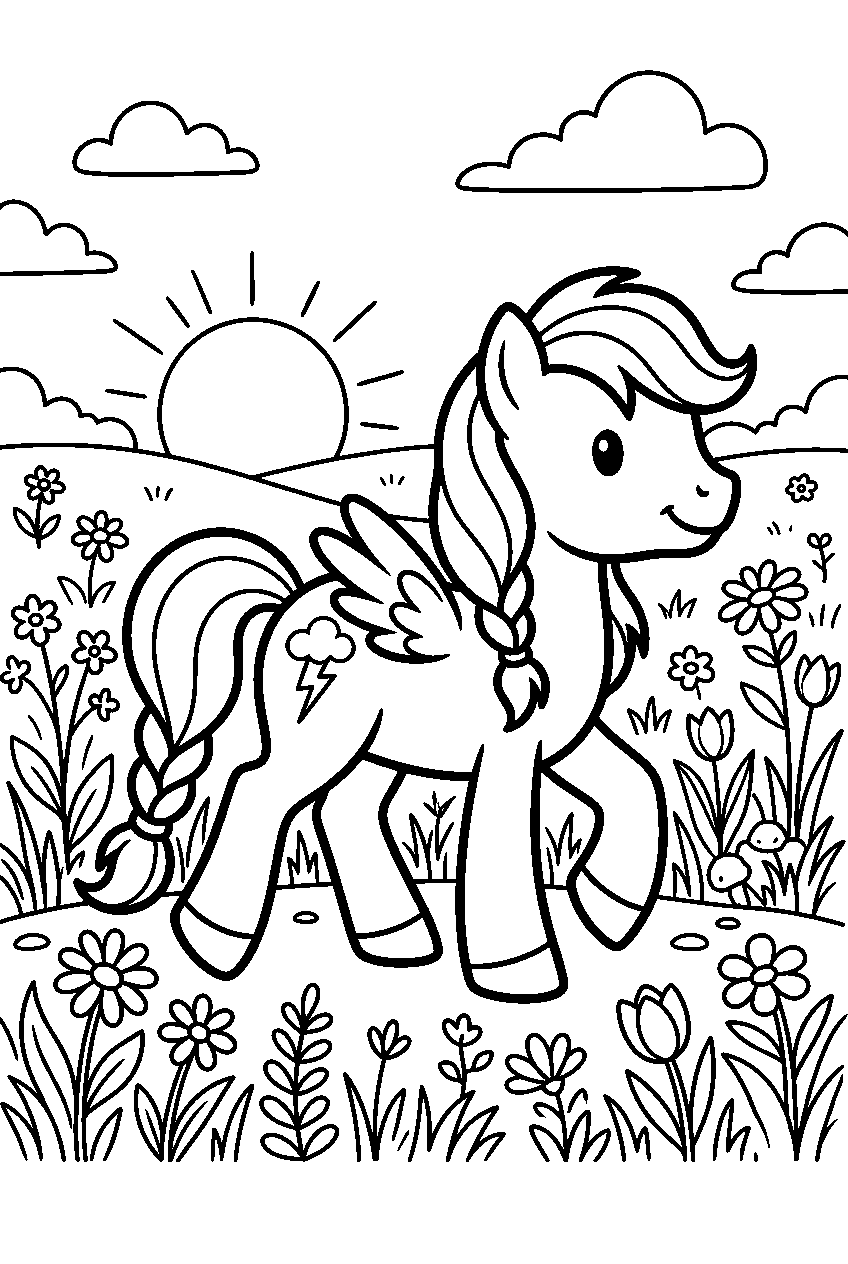 my little pony walking in flower meadow line art