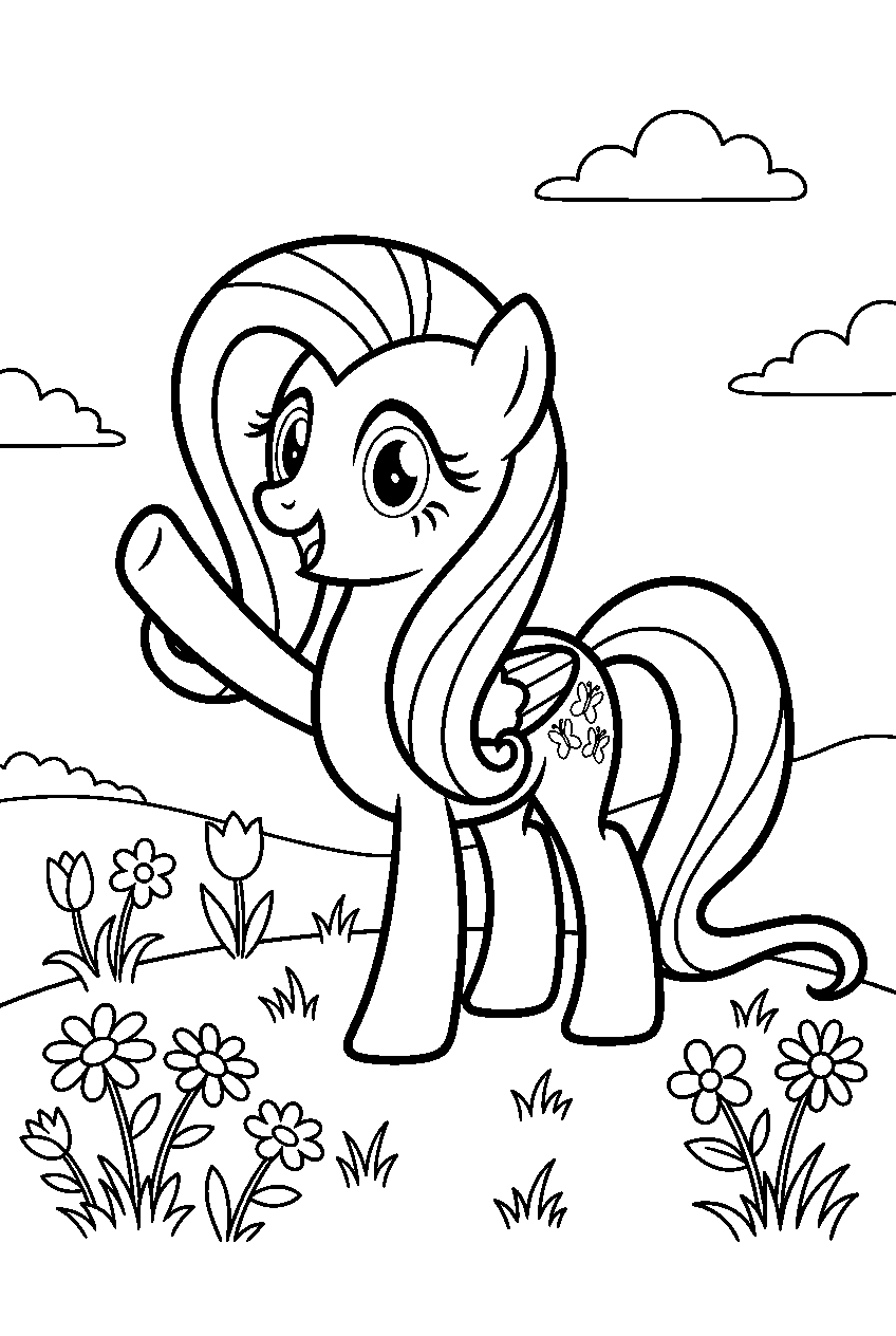my little pony waving in flower meadow line art