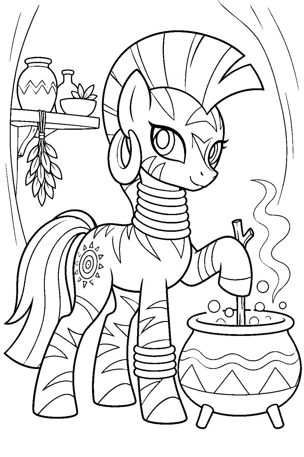 my little pony zecora brewing a potion in her ever forest hut line art