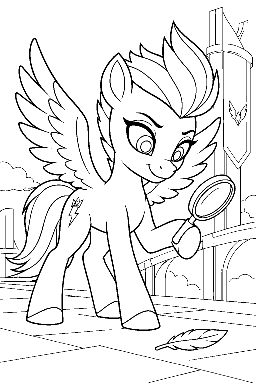 my little pony zipp storm investigating a clue with a magnifying glass in zephyr heights line art