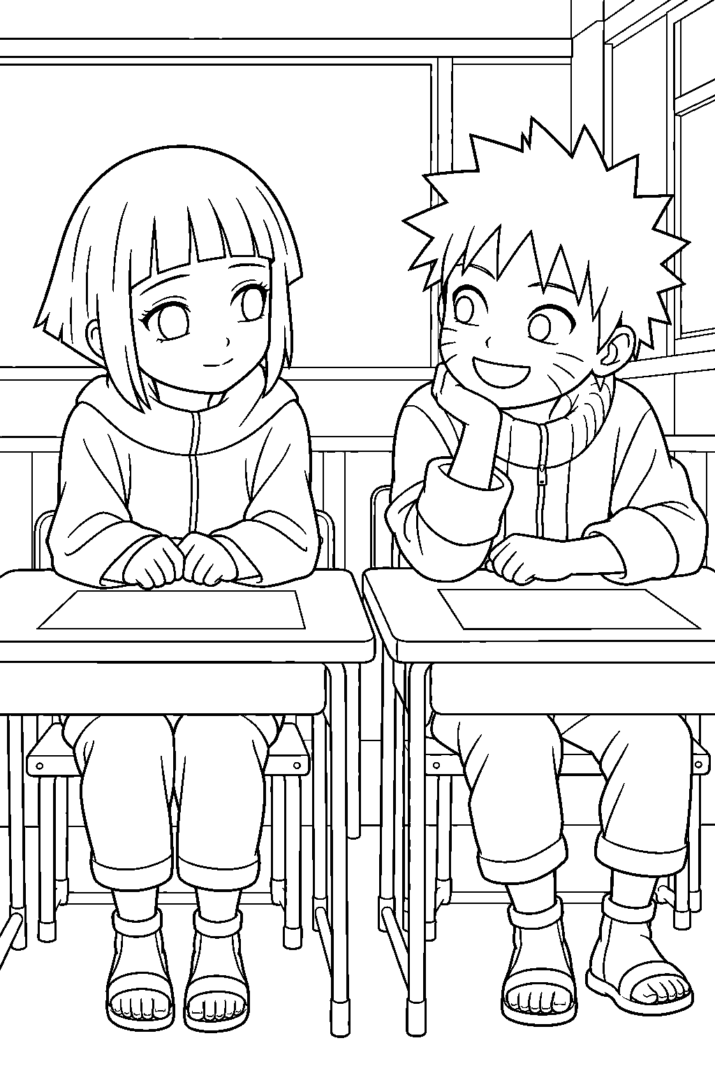 hinata hyuga attending the ninja academy with young naruto line art