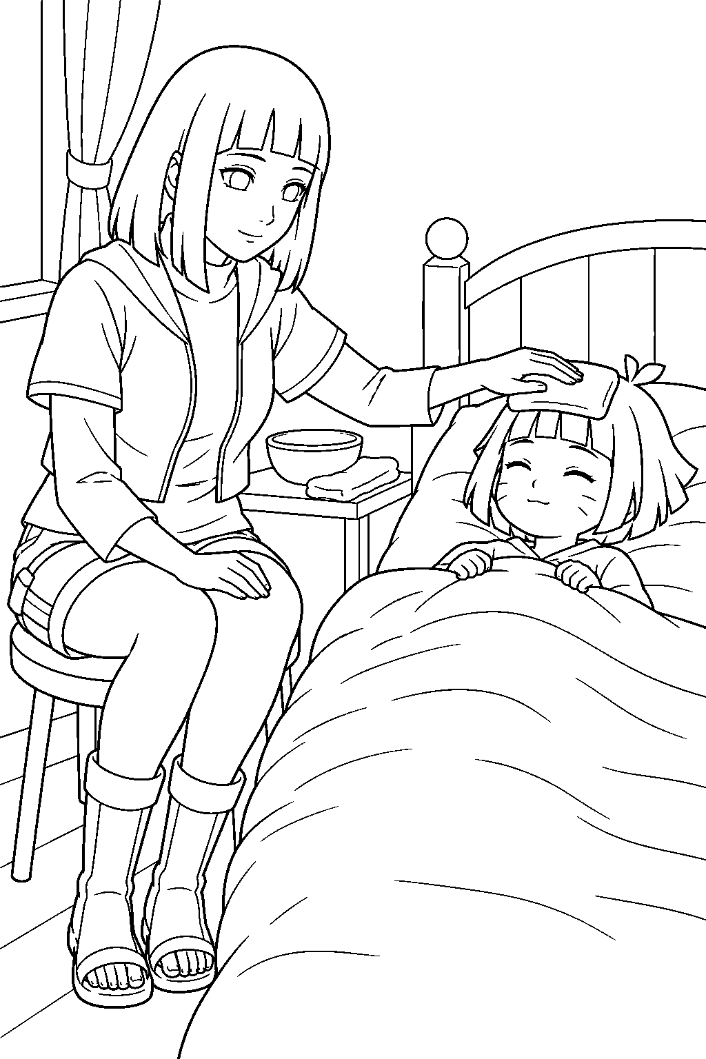 hinata hyuga caring for himawari while she rests in bed line art