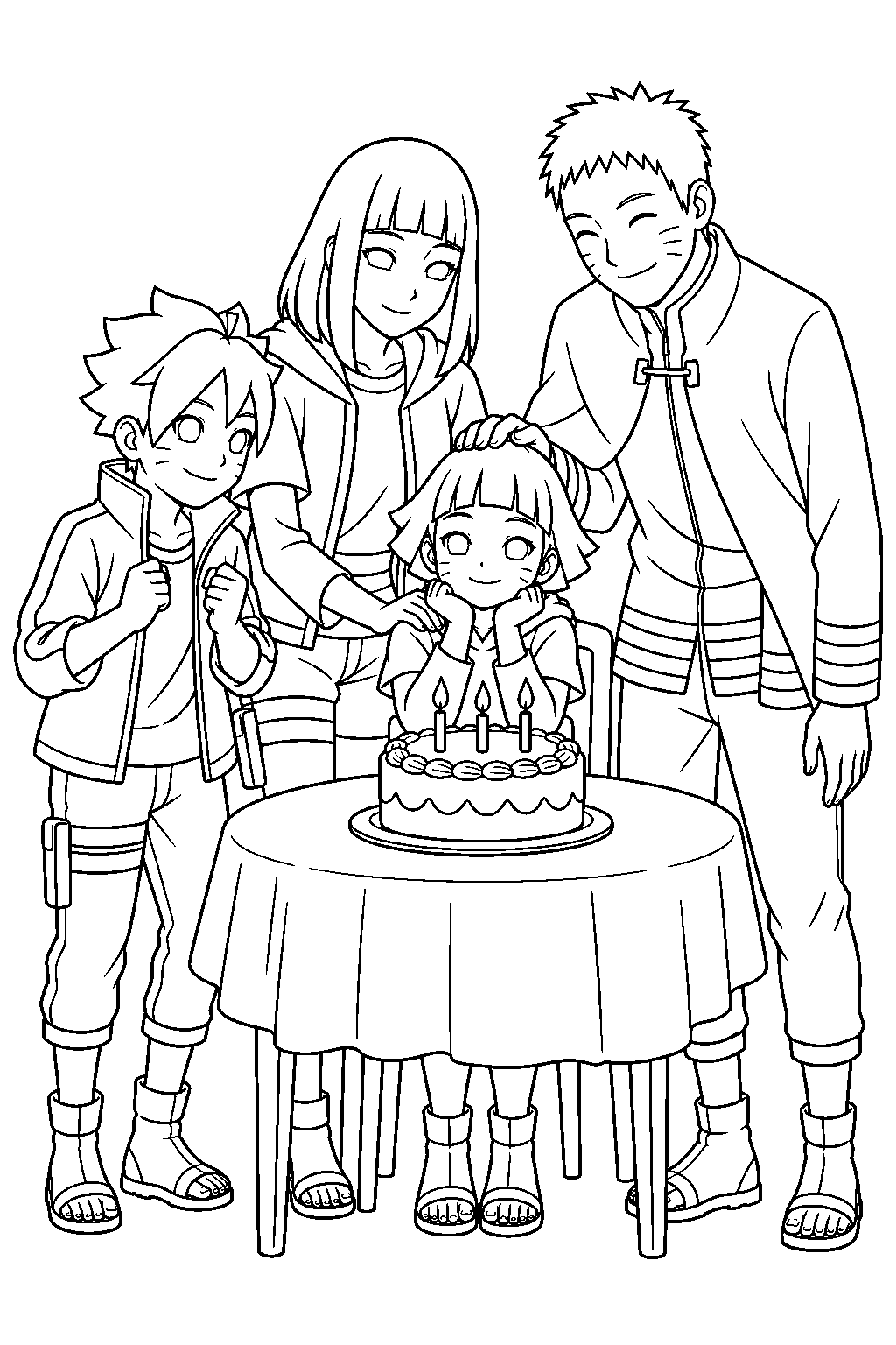 hinata hyuga celebrating himawari s birthday with boruto and naruto line art