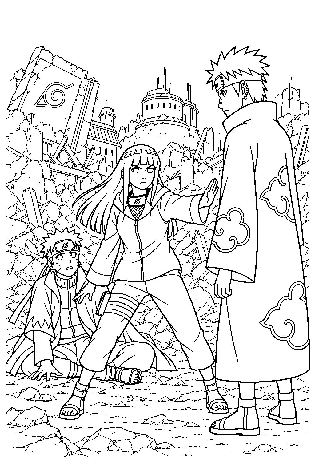 hinata hyuga confronting pain to protect naruto in ruined konoha line art