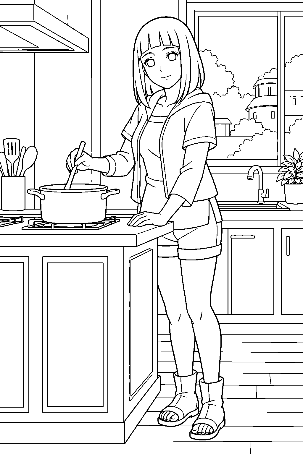 hinata hyuga cooking dinner in the uzumaki family kitchen line art