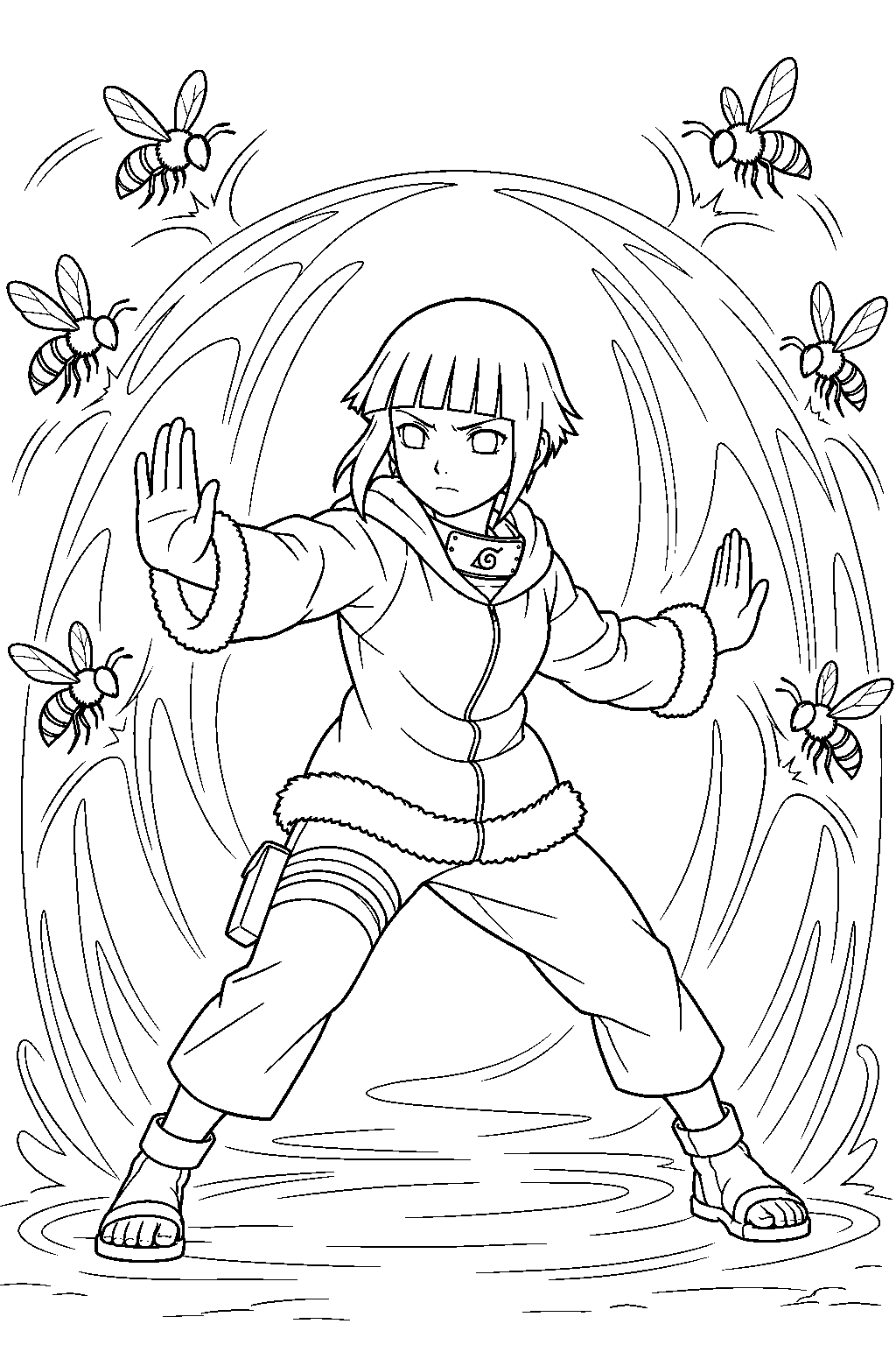 hinata hyuga creating a protecting eight trigrams sixty four palms barrier against bees line art