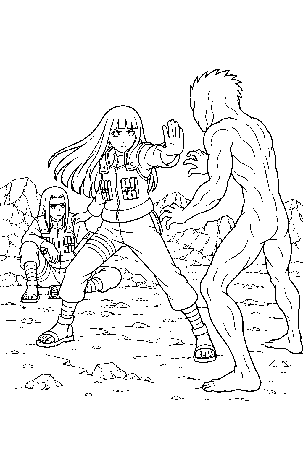 hinata hyuga defending neji from a white zetsu clone line art