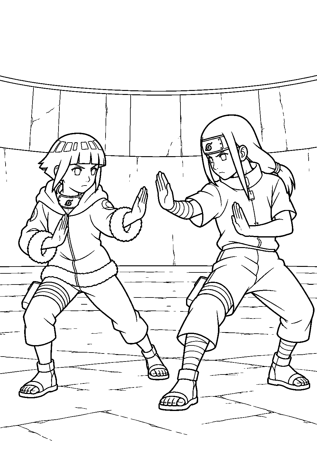 hinata hyuga fighting neji in the chunin exam arena line art