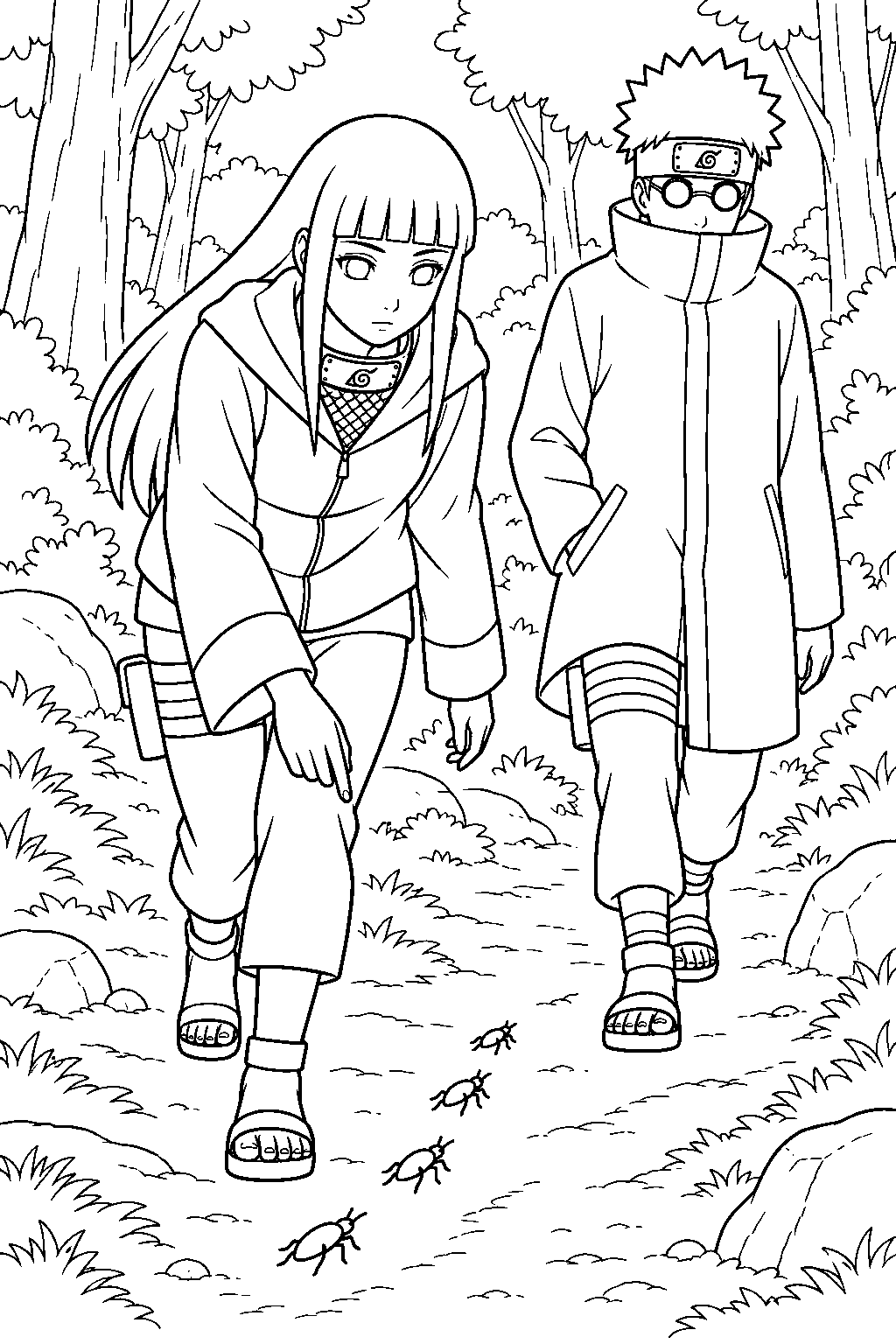 hinata hyuga following an enemy trail with shino and his insects line art