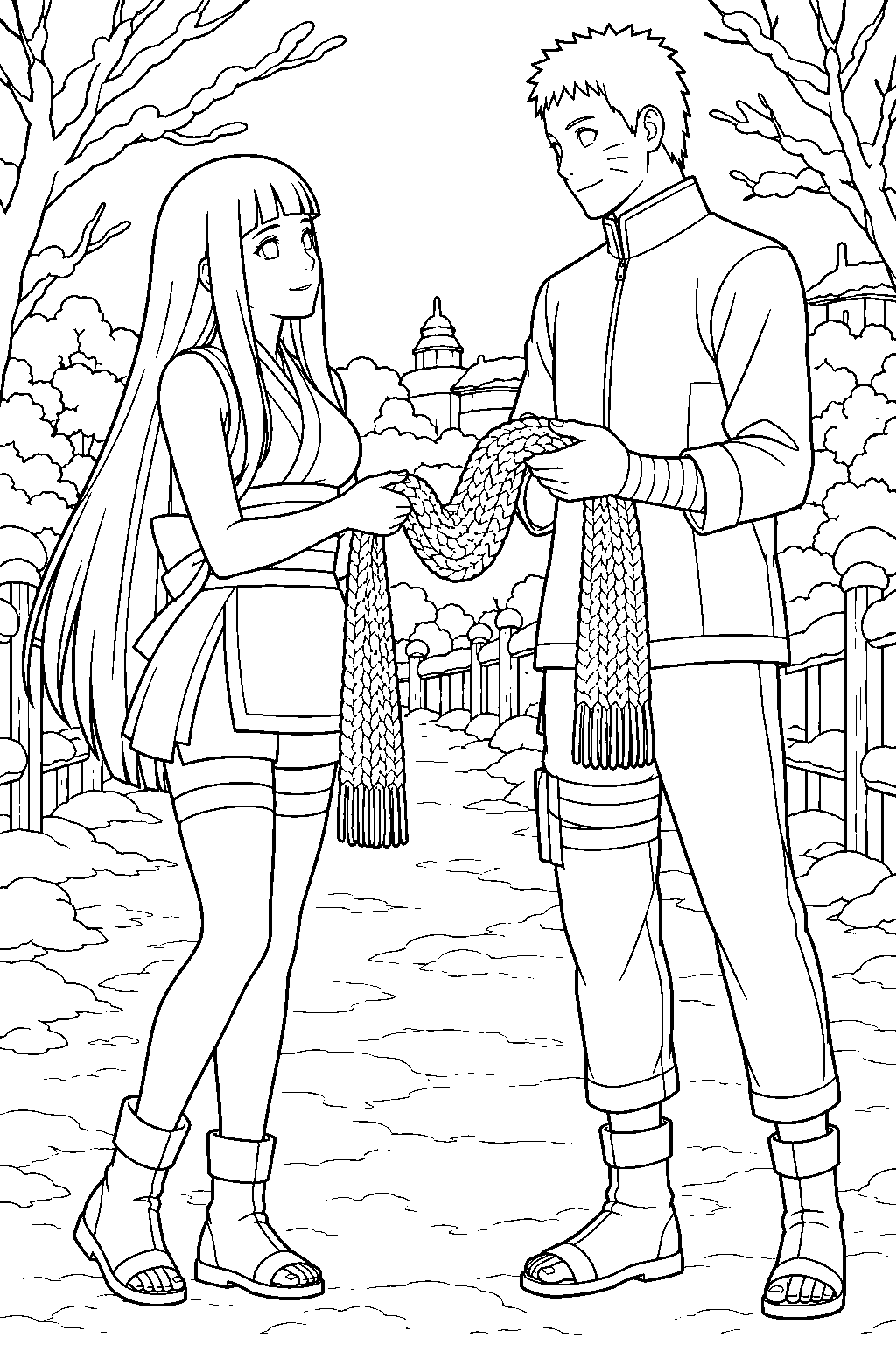 hinata hyuga giving naruto the scarf she knitted line art