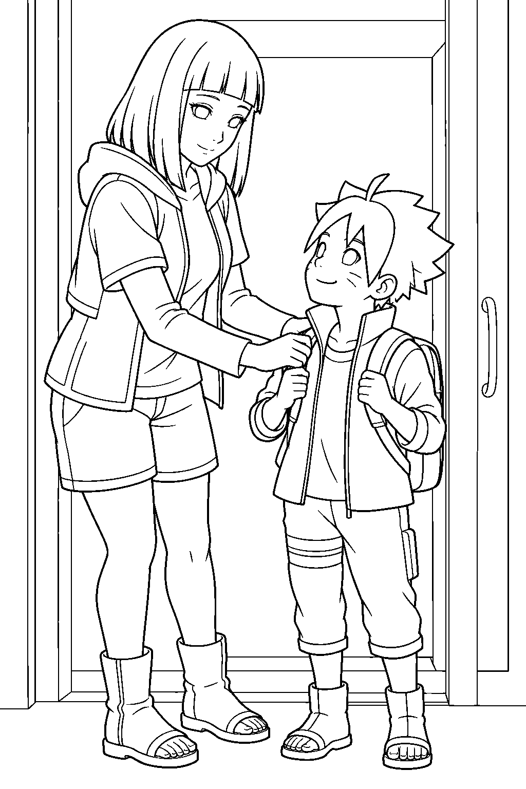 hinata hyuga helping boruto prepare for the ninja academy line art