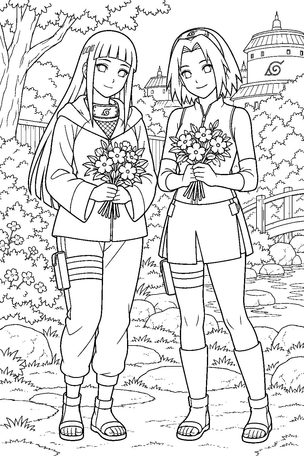hinata hyuga holding flowers beside sakura in a konoha garden line art
