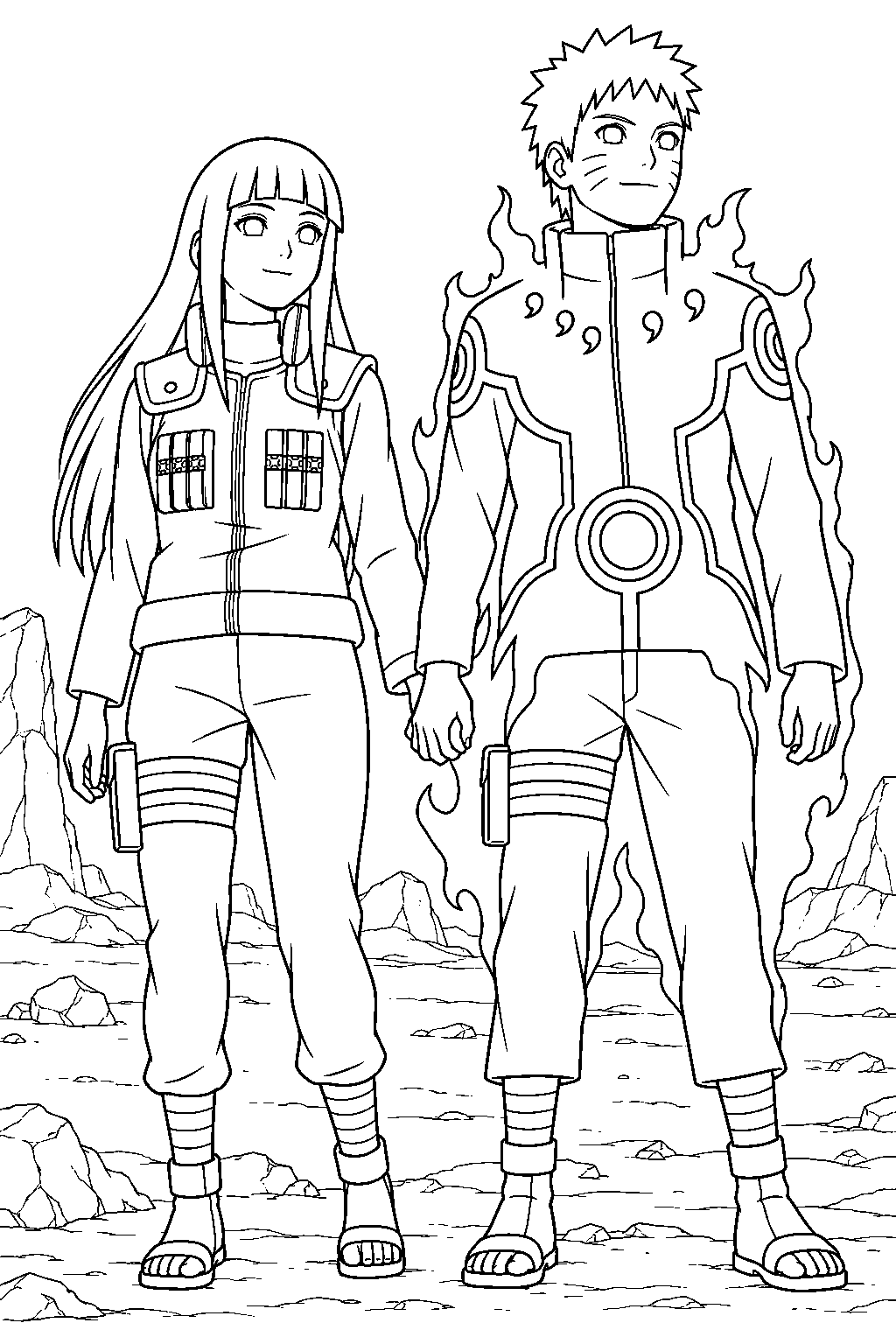 hinata hyuga holding naruto s hand on the battlefield line art