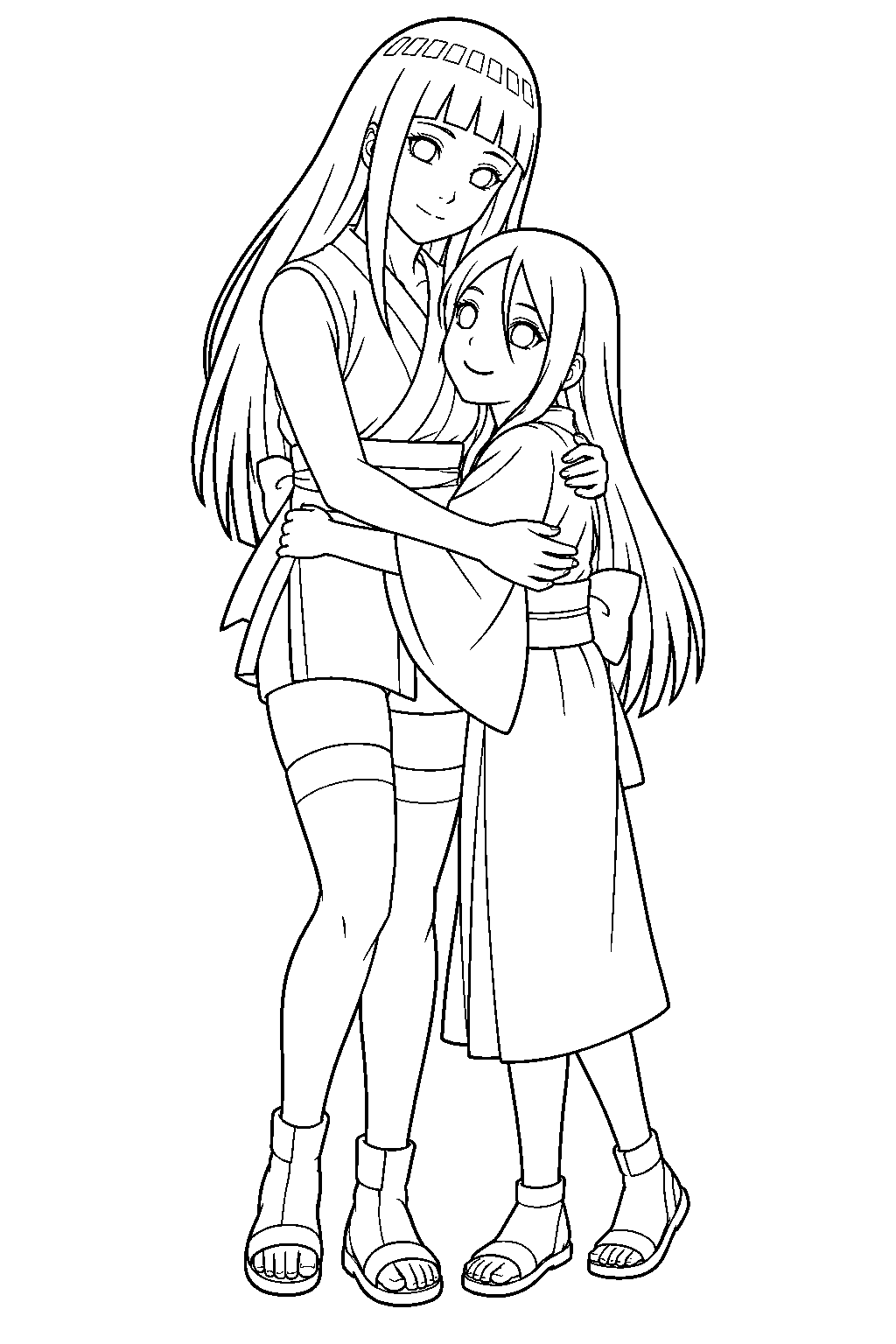 hinata hyuga hugging hanabi after rescuing her from toneri line art