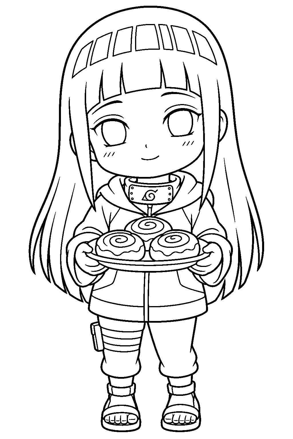 hinata hyuga in chibi form holding a plate of cinnamon rolls line art