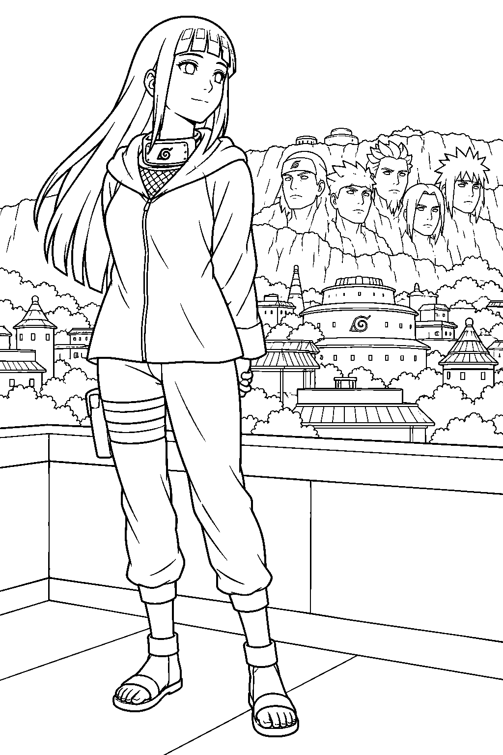 hinata hyuga in her naruto shippuden outfit overlooking konoha from a rooftop line art
