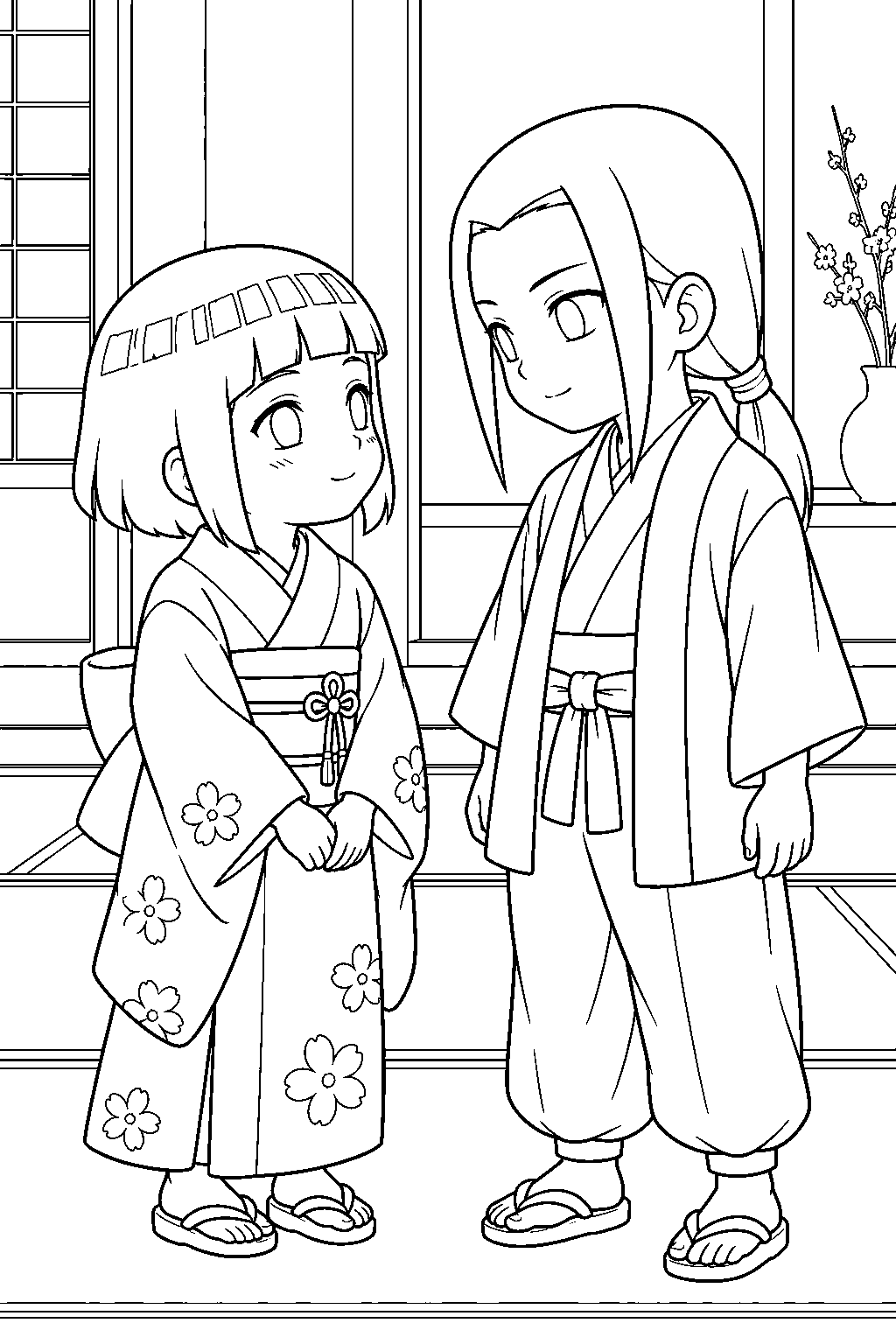 hinata hyuga meeting young neji at her third birthday celebration line art